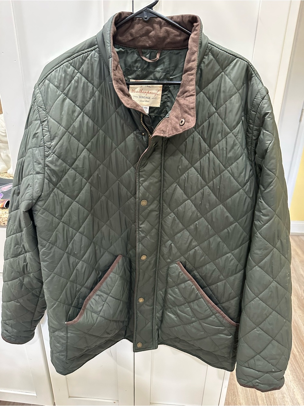 Weatherproof Quilted Olive Green Jacket with Brown Trim
